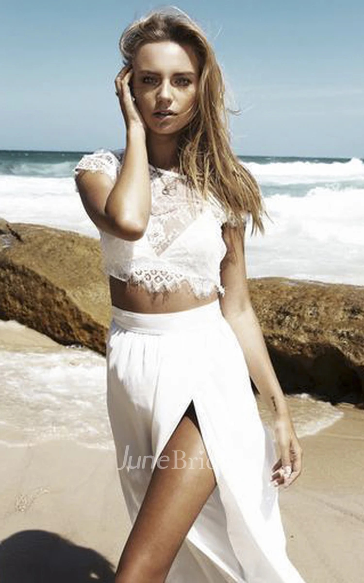 Two Piece Beach Wedding Dress With Front Split And Lace Top