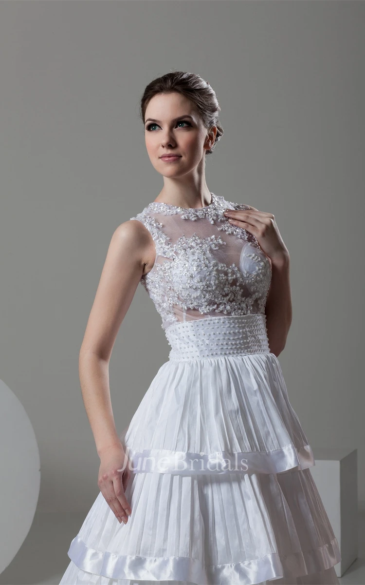 Sleeveless Tiered A-Line Gown with Appliques and Illusion Top