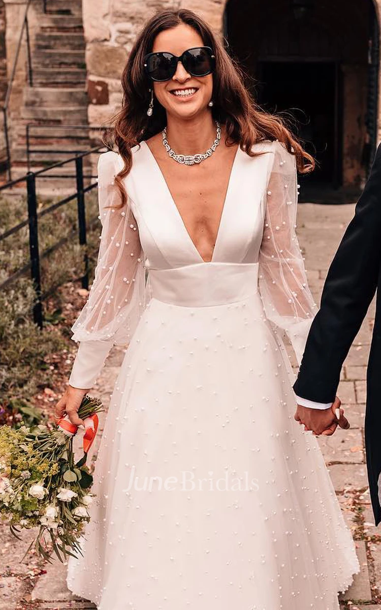 Plunging Neckline A-Line Lace Casual Wedding Dress With Open Back And Beading