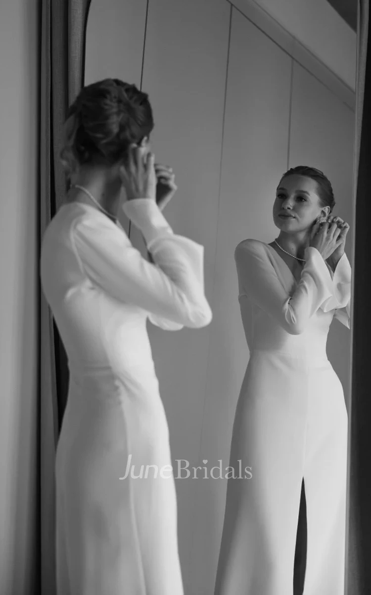 Modern Simple Long Sleeve A-Line Spring Wedding Dress with Slit Modest Elegant Satin Low Back Court Train Bridal Gown