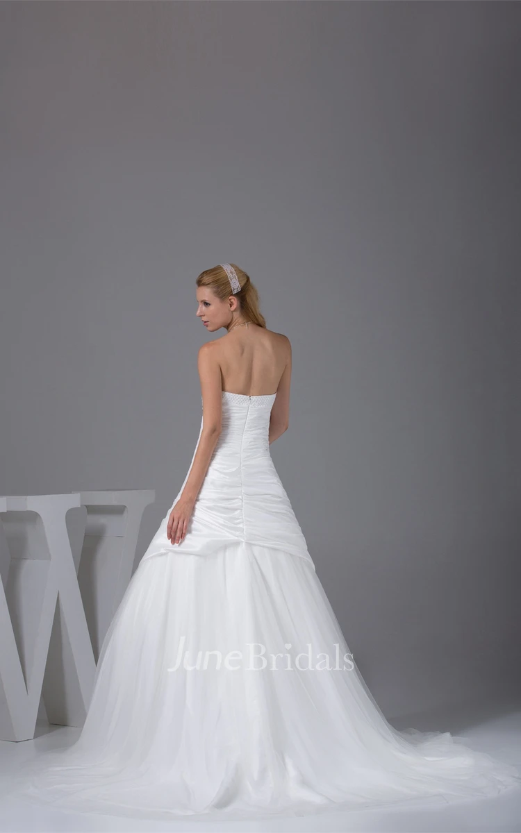 Ruched A-Line Strapless Side Draping Gown with Court Train and Zipper Back