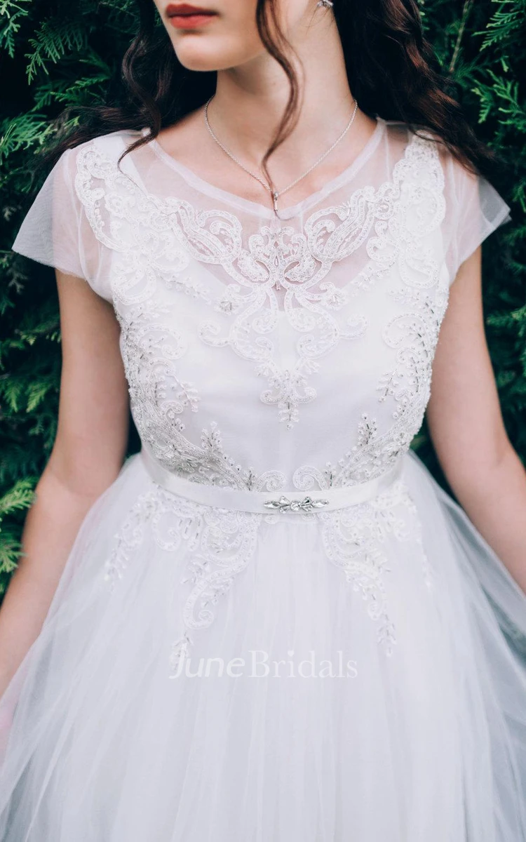 A-Line Tulle Cap-Sleeve Floor-Length Dress and Hand-Woven Hollow Three-dimensional Flowers White Pearl Hair Bands