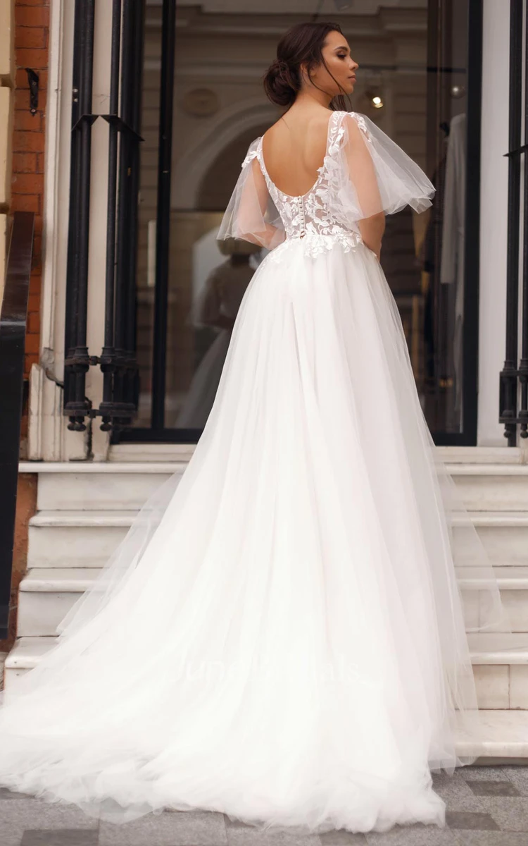 Casual Tulle and Lace Bateau A Line Sweep Train Wedding Dress with Appliques