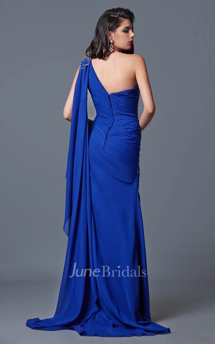 Elegant One Shoulder Ruched Stretch Mesh Dress With Beaded Detail and Stole