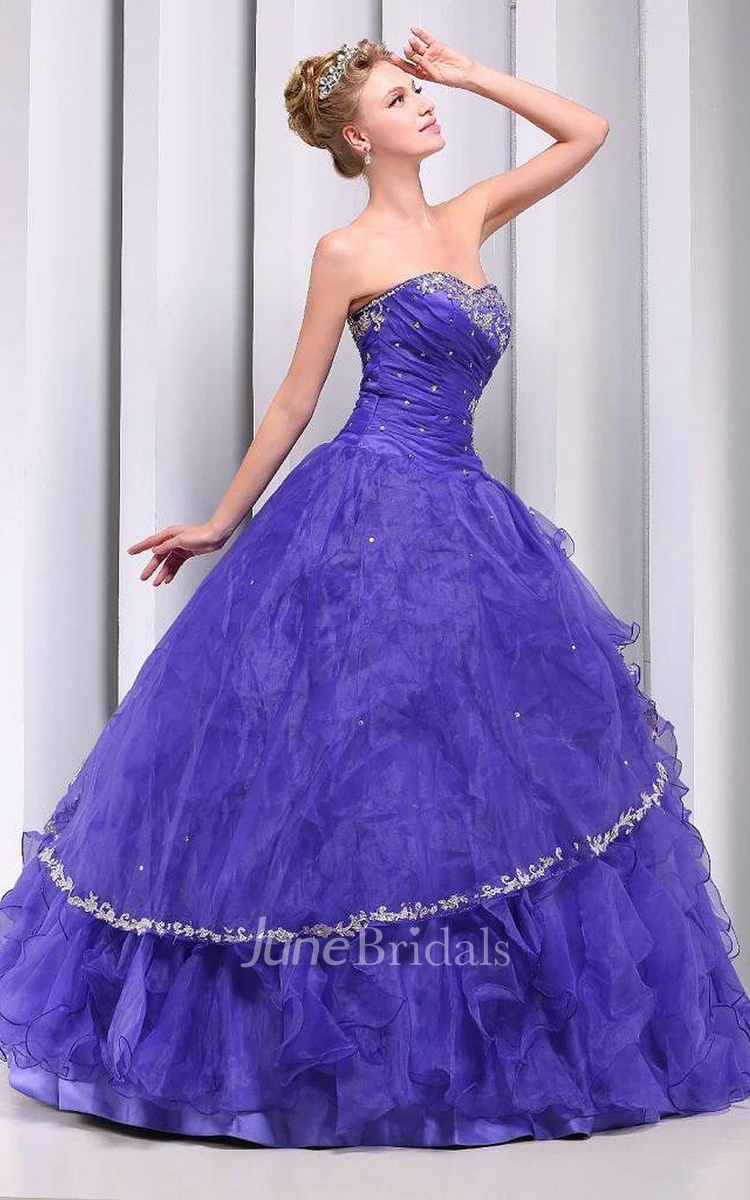 Strapless Ball Gown With Ruffles and Appliques
