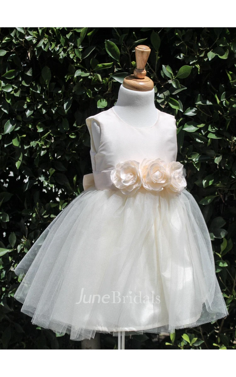 Sleeveless Jewel Neck Flower Waist Tulle Special Occasion Dress With Satin Bodice