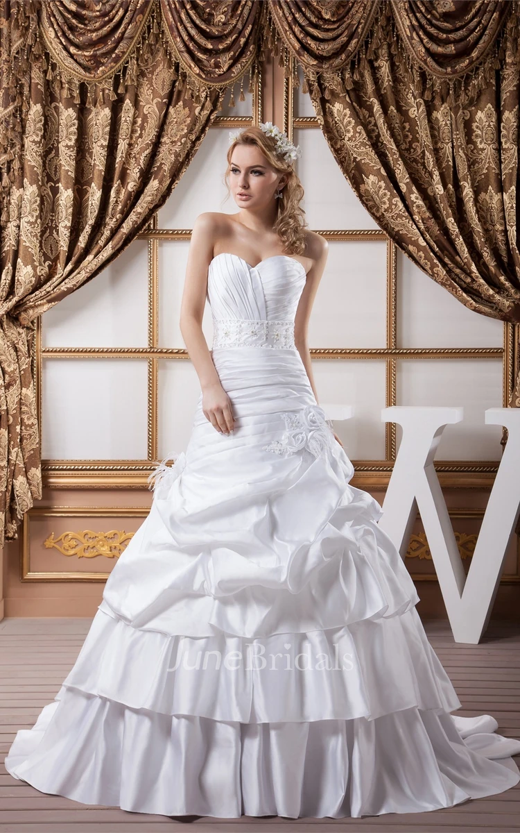 Sweetheart Criss-Cross Pick-Up Ball Gown with Flower and Gemmed Waist