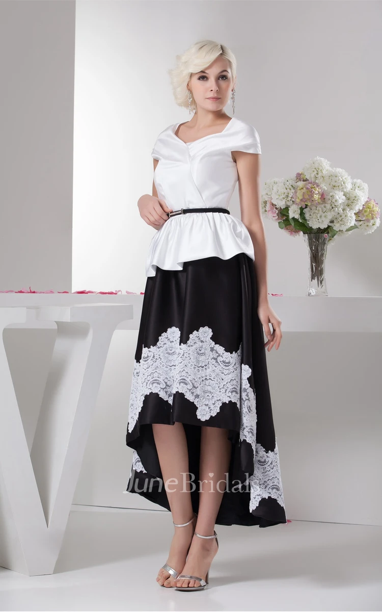 Black-And-White Caped-Sleeve High-Low Dress with Appliques