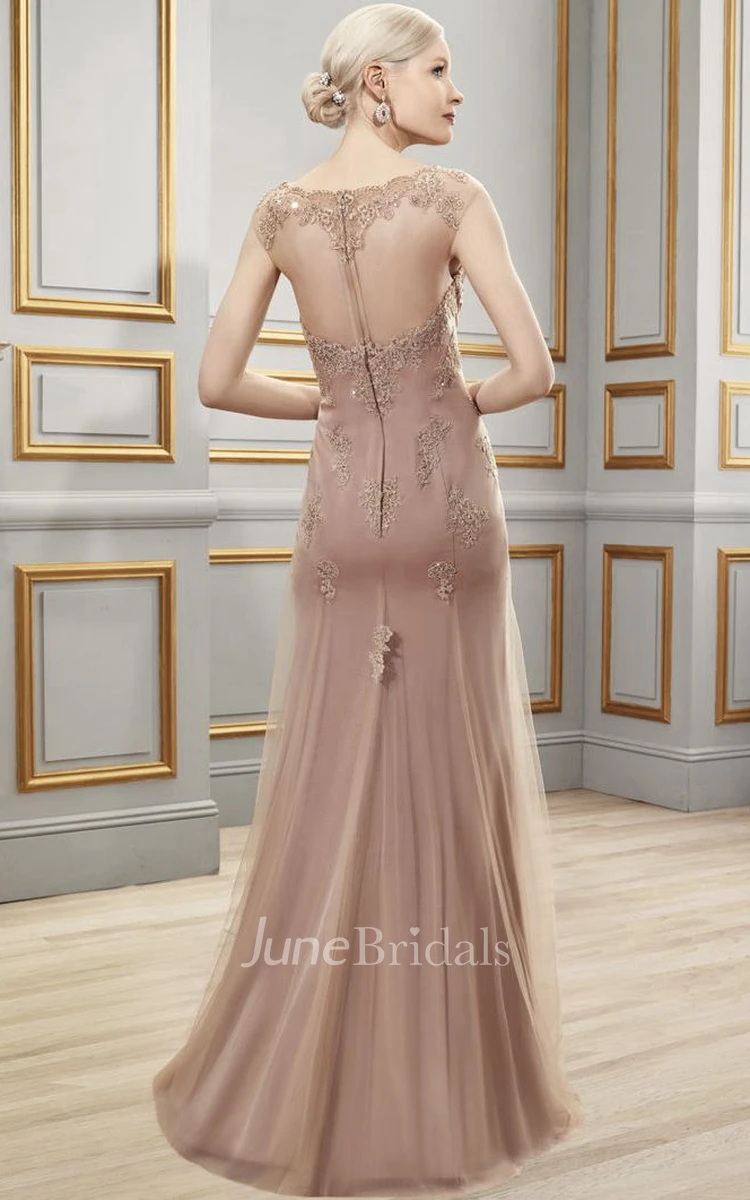 Sleeveless Appliqued Scoop Neck Tulle Formal Dress With Illusion Back