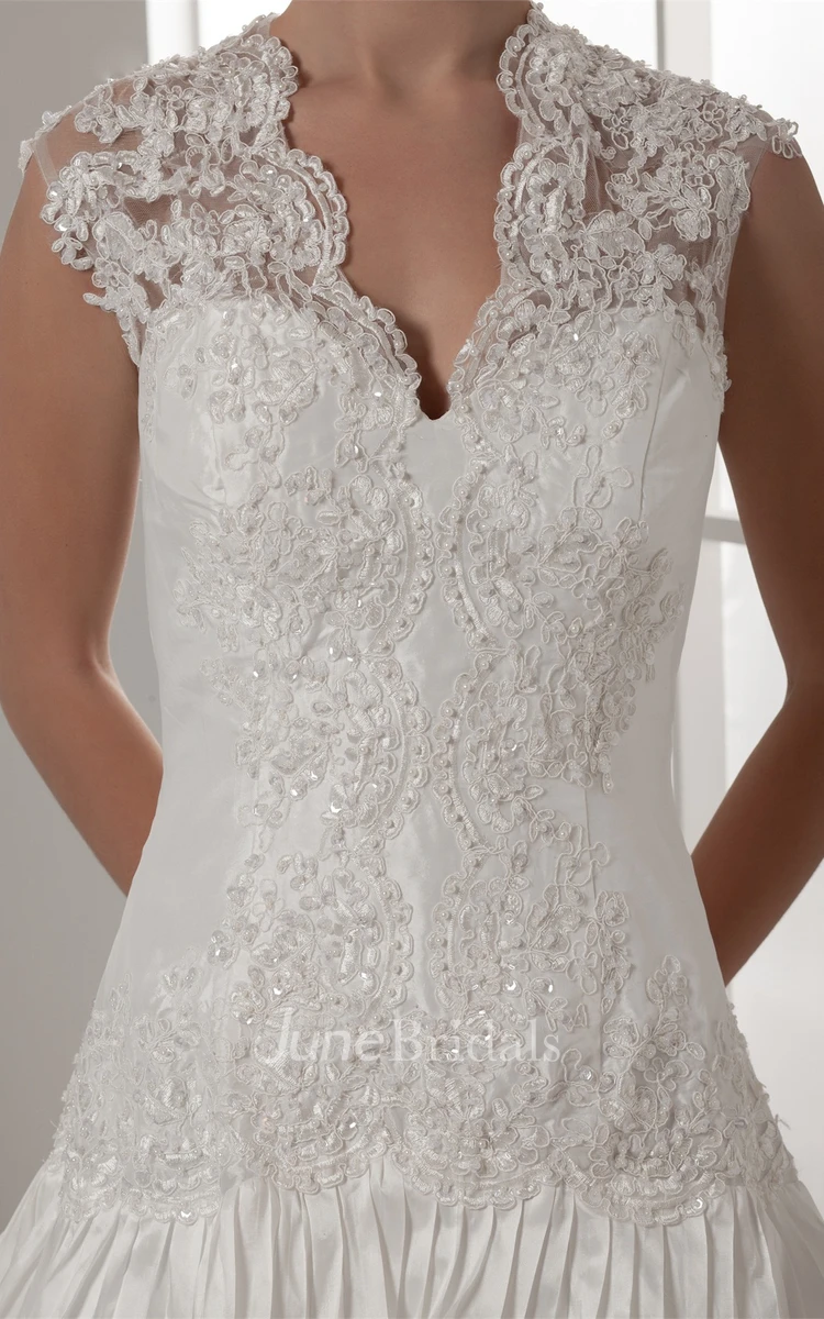 Scalloped-Neck Caped-Sleeve Lace Dress with Beading and Tiers