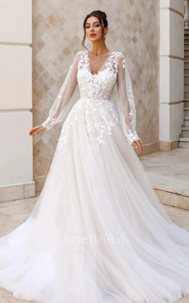 Romantic A-line Flowy Floral Lace Wedding Dress Illusion Tulle Long Sleeve Bridal Gown