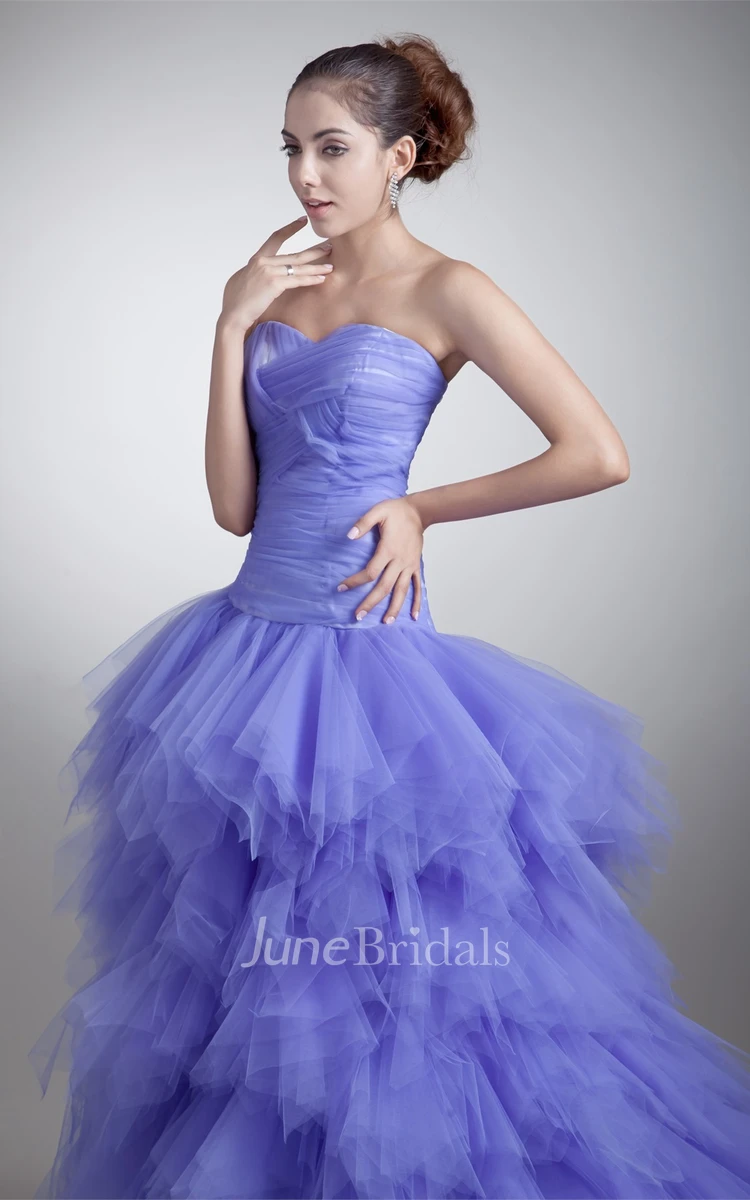 strapless tiered ball a-line criss-cross gown with ruffles
