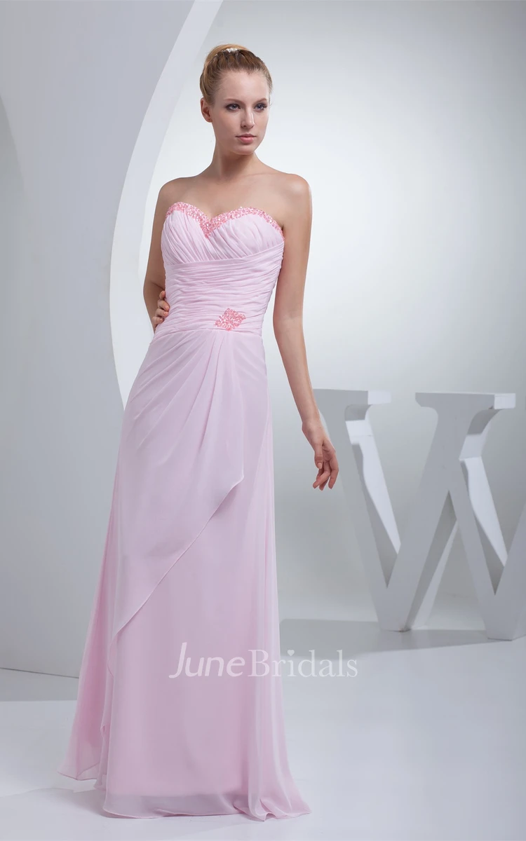Pastel Sweetheart Ruched Chiffon Long Dress with Beading and Broach