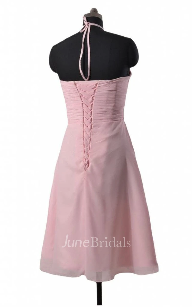 Sleeveless Ruched Appliqued Bodice Knee-length Chiffon Dress