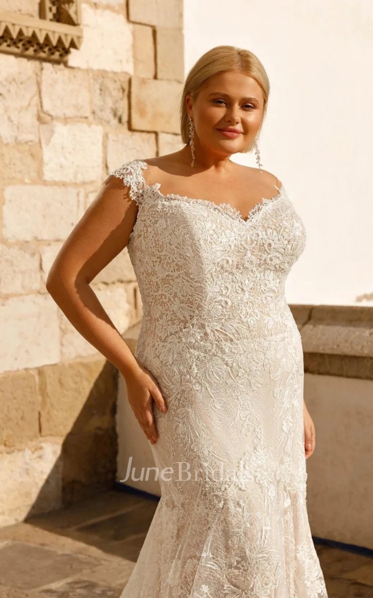 Plus Size Wedding Dress Bohemian Mermaid Straps Sleeveless with Low-V Lace Button Back