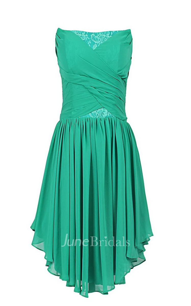 Asymmetrical Strapless Ruched Short Dress With Lace Appliques