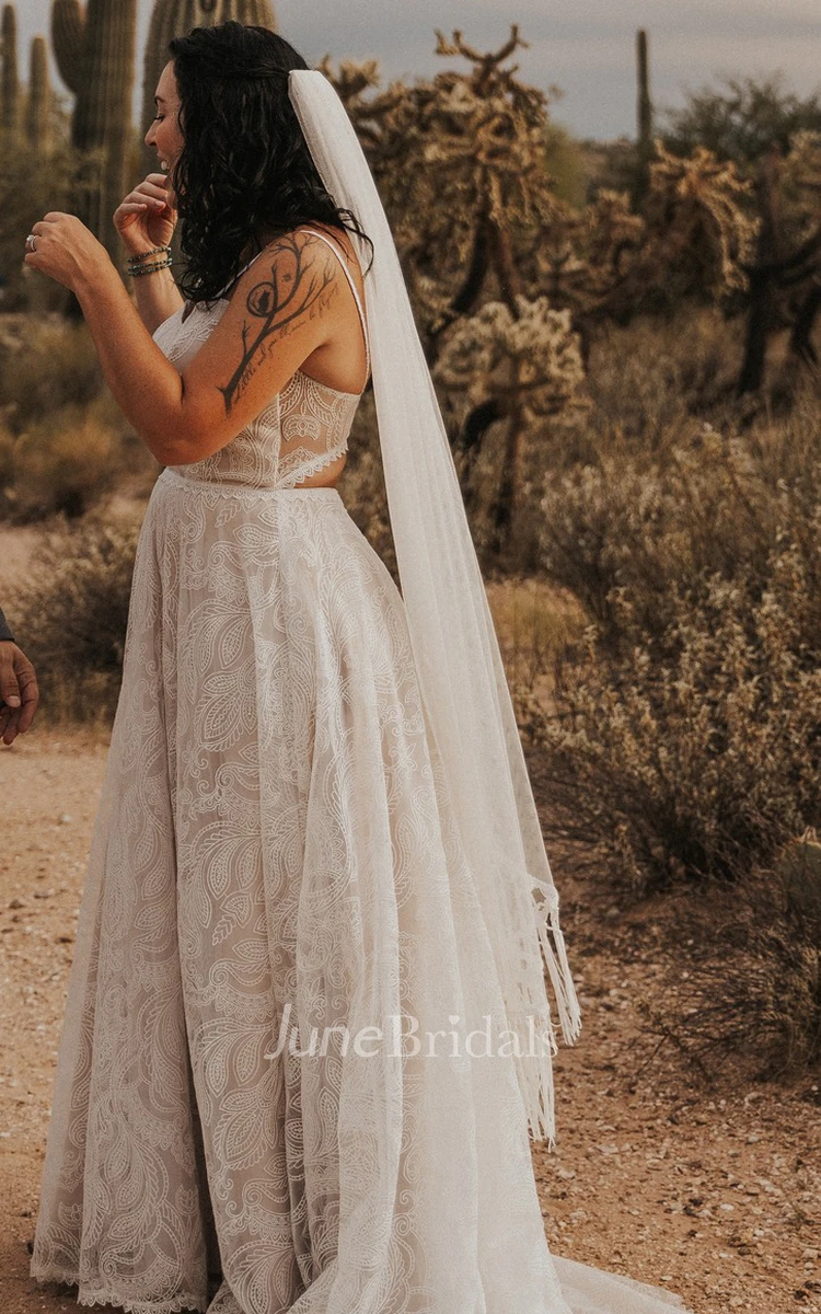 Casual A Line Spaghetti Tulle Sleeveless Wedding Dress with Sweep Train Sexy Elegant Ethereal Country Garden