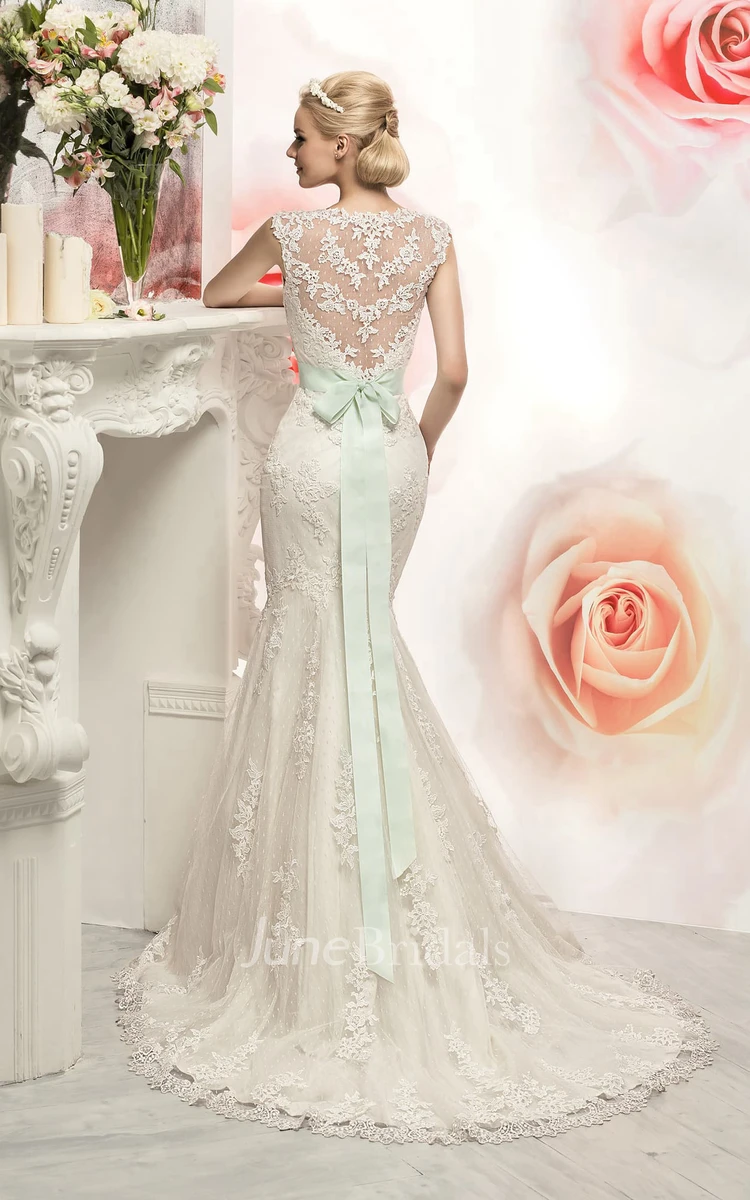 Trumpet Floor-Length Jewel Cap-Sleeve Illusion Lace Dress With Appliques And Waist Jewellery