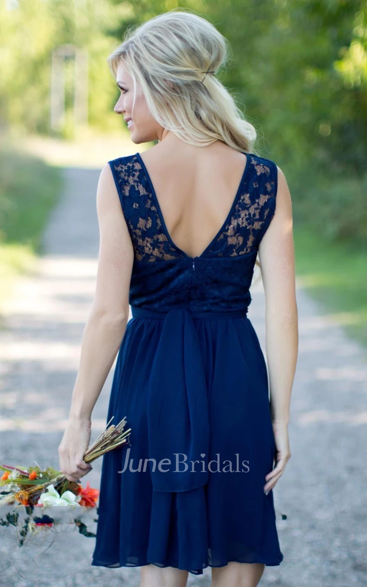 A-line Short Jewel Sleeveless Bell Backless Chiffon Lace Dress