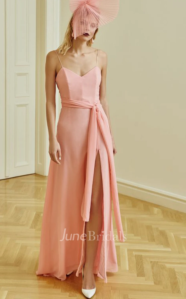 Sexy A Line Sleeveless Chiffon Spaghetti Floor-length Guest Dress with Split Front