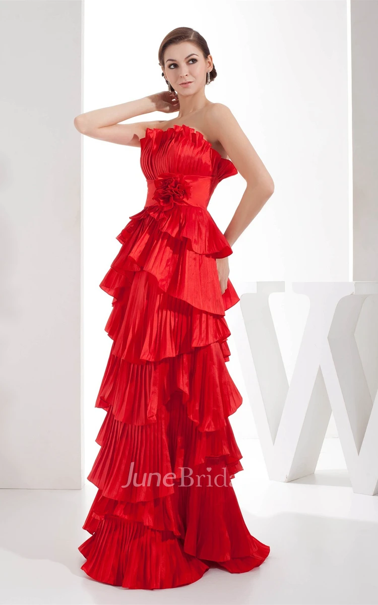 Flamboyant Strapless Tiered Dress with Pleats and Flower