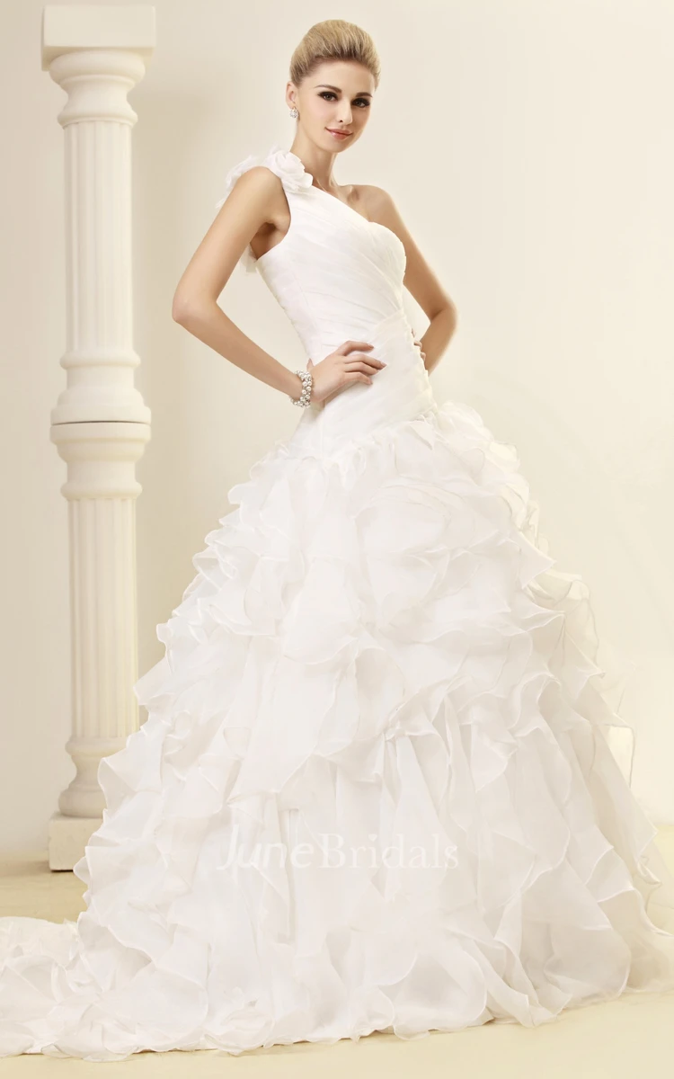 One-Shoulder Criss-Cross A-Line Gown With Ruffles