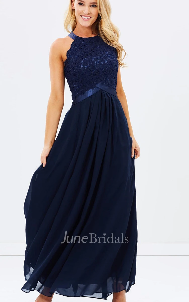 A-Line Appliqued Sleeveless Ankle-Length Scoop Chiffon Bridesmaid Dress With Zipper Back And Pleats