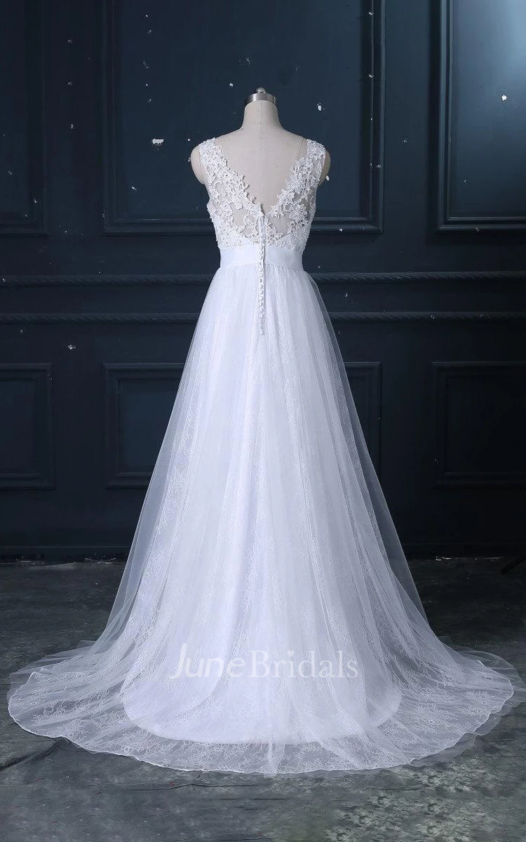 V-neck Sleeveless A-line Tulle And Lace Wedding Dress With Beaded Sash
