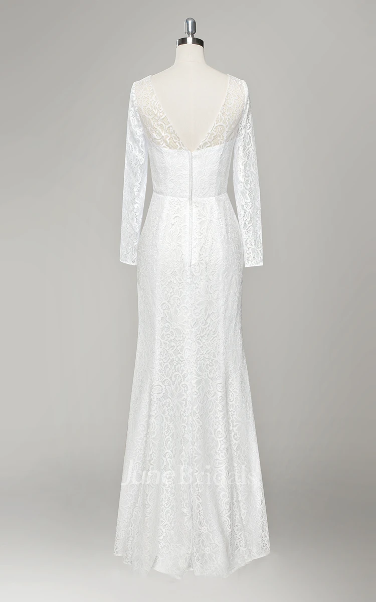 V-Neck Long Sleeve Sheath Lace Wedding Dress