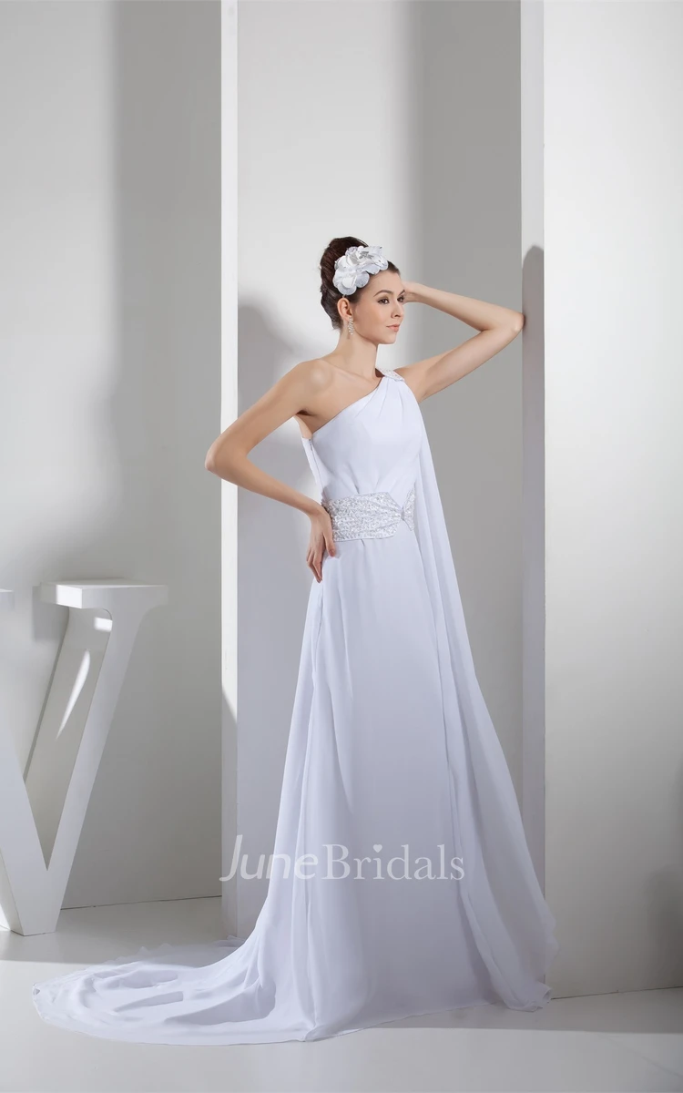 Side Draping One-Shoulder A-Line Dress with Beadings and Brush Train