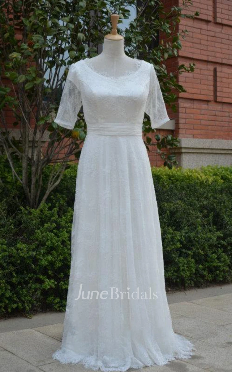 Jewel Long Tulle Wedding Dress With Ruching And Half Illusion Sleeve