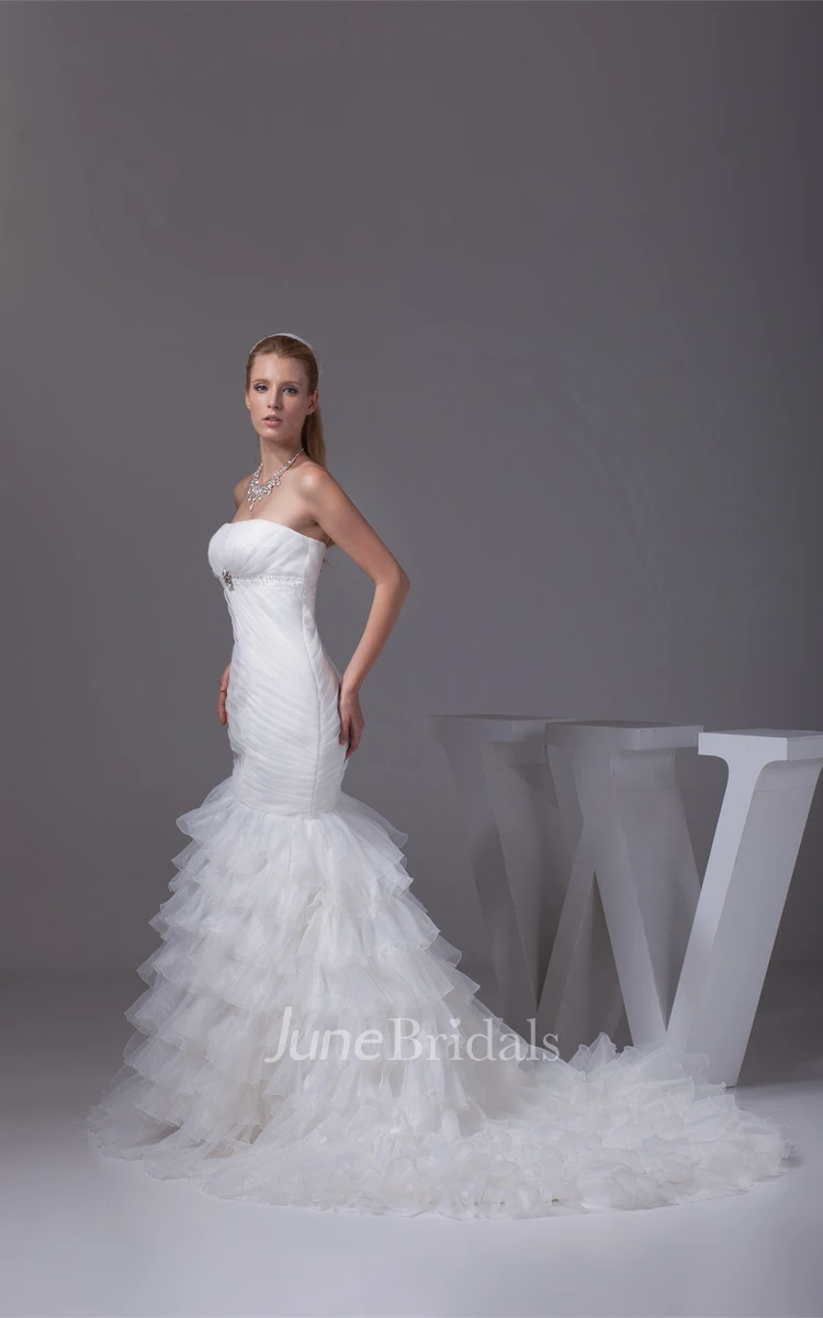 Strapless Tiered Tulle Dress with Ruching and Broach