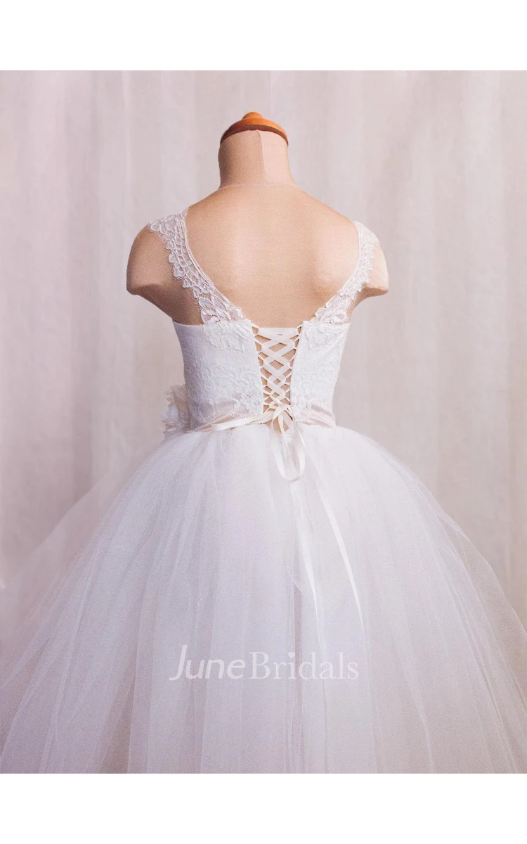 Cap Sleeve Lace Bodice Pleated Ball Gown With Lace-Up Back
