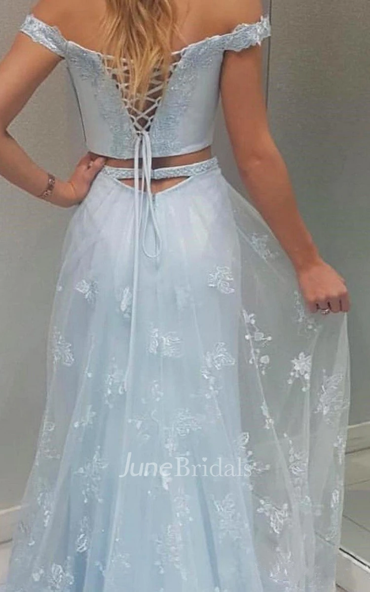Ethereal Two Piece Satin Tulle Off-the-shoulder Sleeveless Formal Dress with Beading