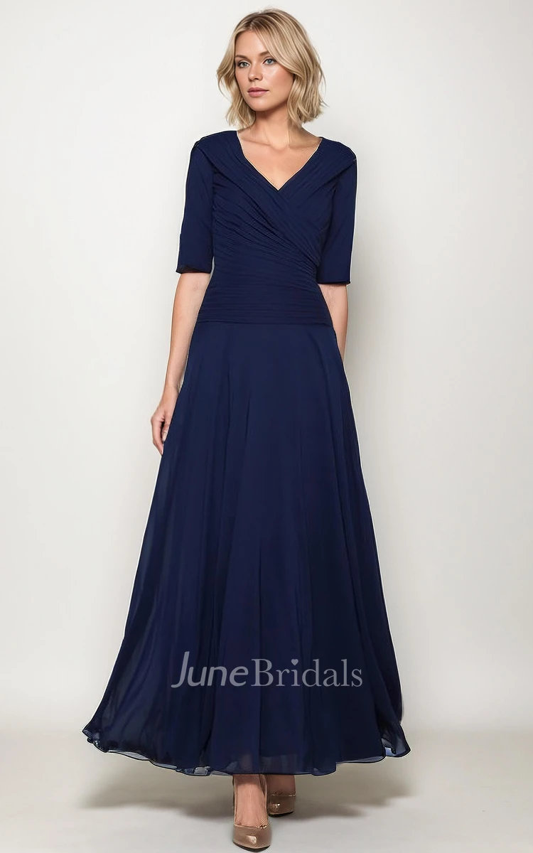 June Bridals Modest Elegant A Line V Neck Chiffon Sleeved Mob Gown Simple Classic Navy Blue Ankle Length Wedding Guest Dress Dark Navy Size 14