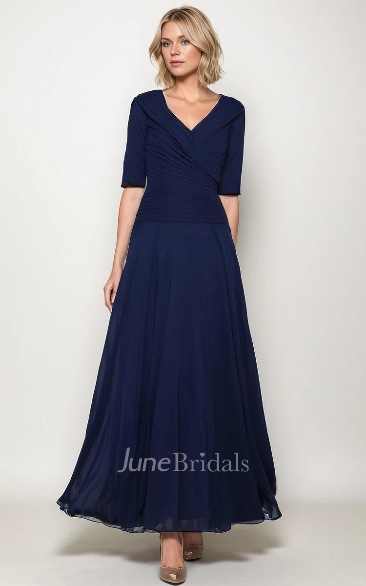 Modest Elegant A-Line V-Neck Chiffon Sleeved MOB Gown Simple Classic Navy Blue Ankle Length Wedding Guest Dress