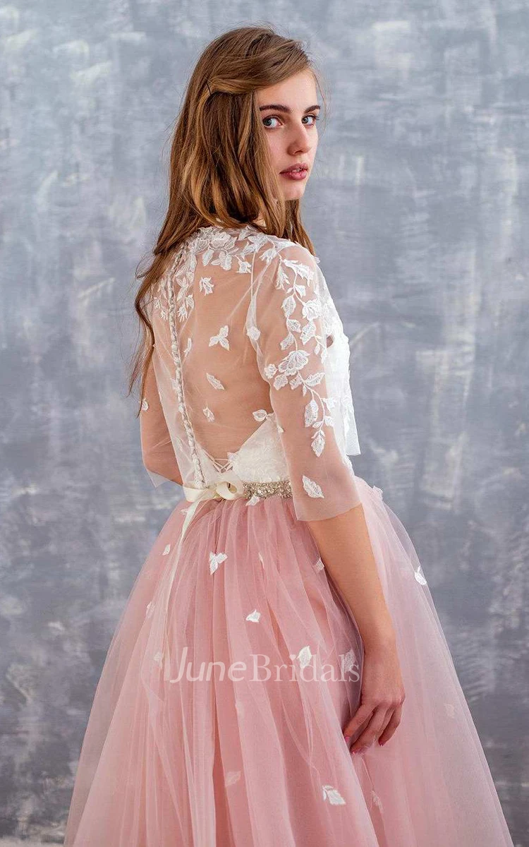 Half Sleeves Long A-line Tulle Beaded Wedding Dresses Half Sleeves Long A-line Tulle Beaded Wedding Dresses