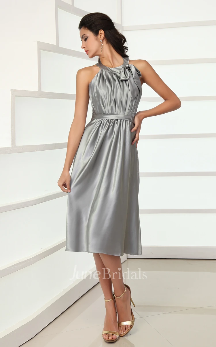 Adorable Satin Midi Dress With Bow And Draping
