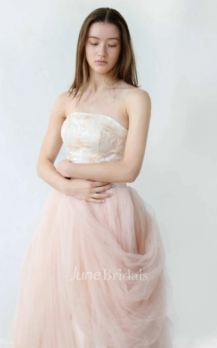 Strapless Tulle Pick Up A-Line Dress With Embroidered Top