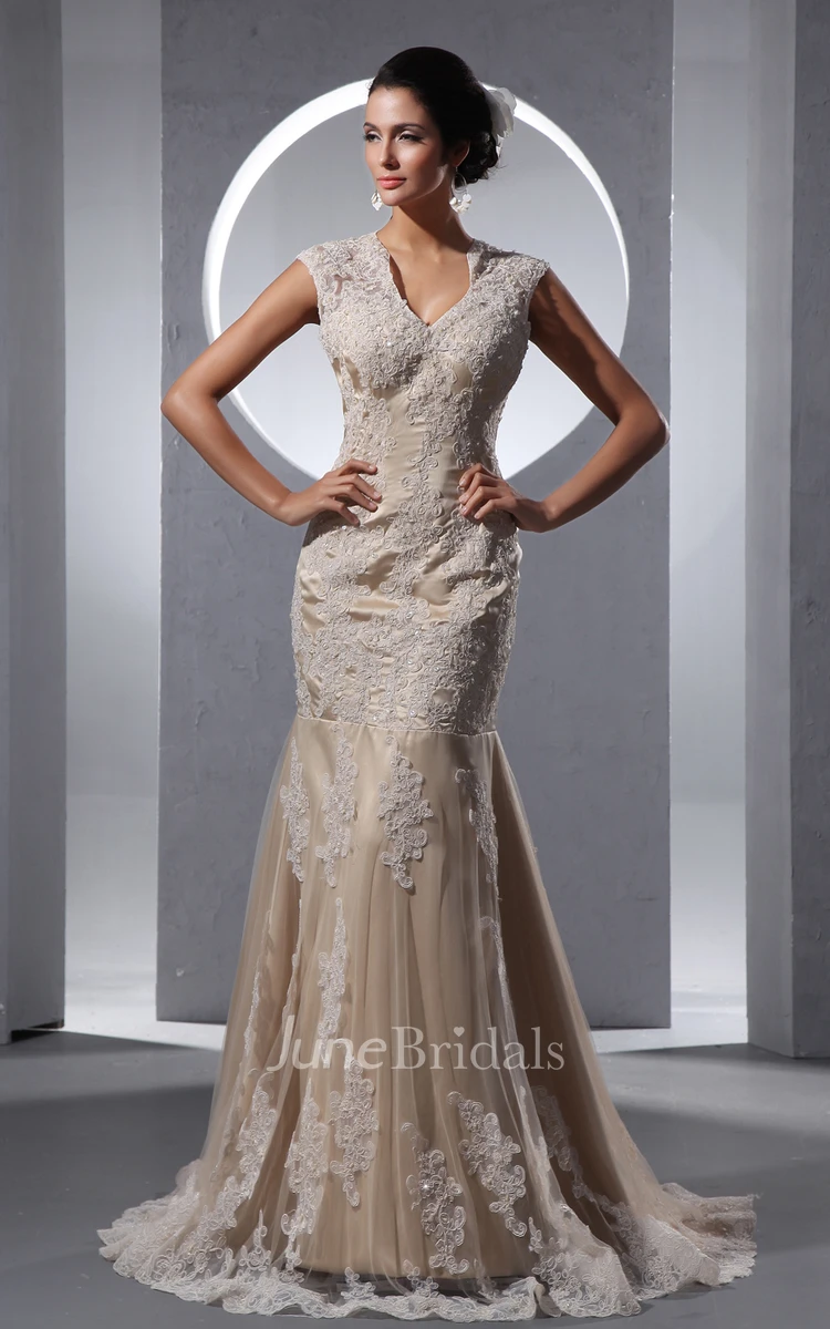 V-Neck Elegant Laced Column Dress With Draping And Appliques