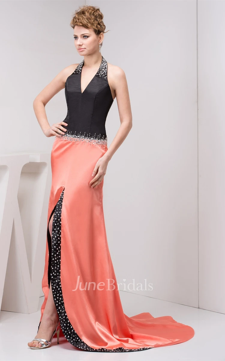 Two-Tone Front-Split Maxi Dress with Beading and Halter