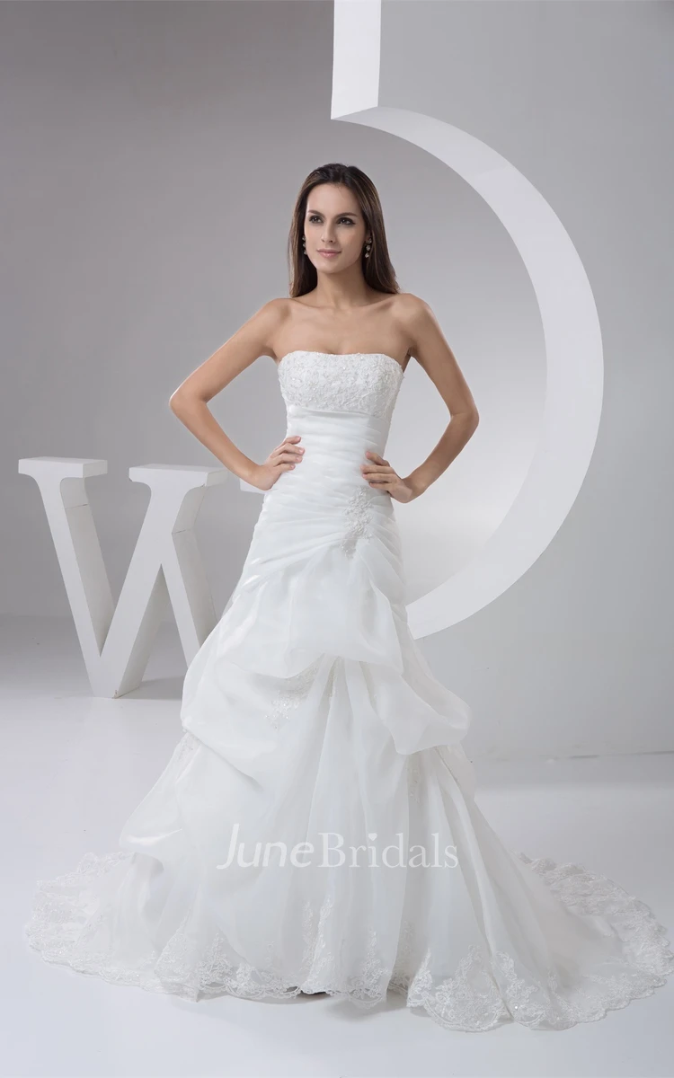 Strapless Tulle Pick-Up Dress with Appliques and Brush Train