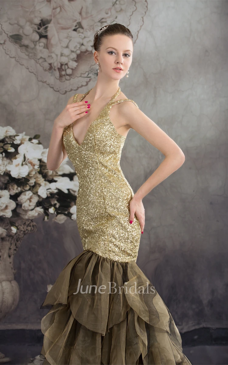 Plunged Tiered Trumpet Gown with Tiers and Sequined Bodice