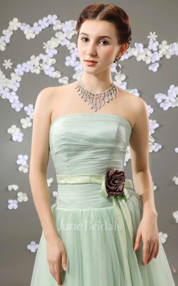 Flattering Strapless A-Line Dress With Satin Sash And Flower