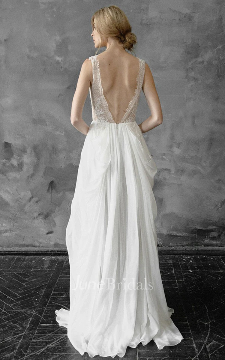 Plunged Sleeveless Chiffon Pick Up Wedding Dress With Appliques