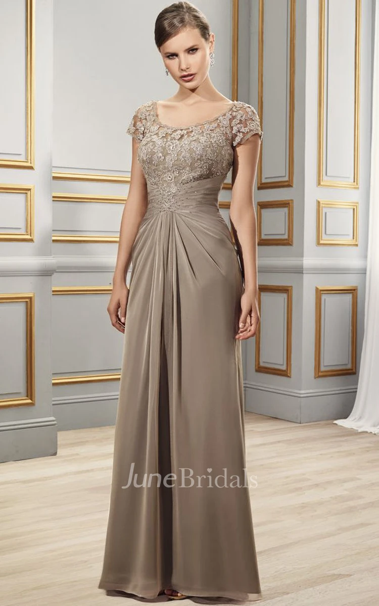 Sheath Appliqued Short-Sleeve Scoop Floor-Length Chiffon MOB Formal Dress With Illusion Back And Draping