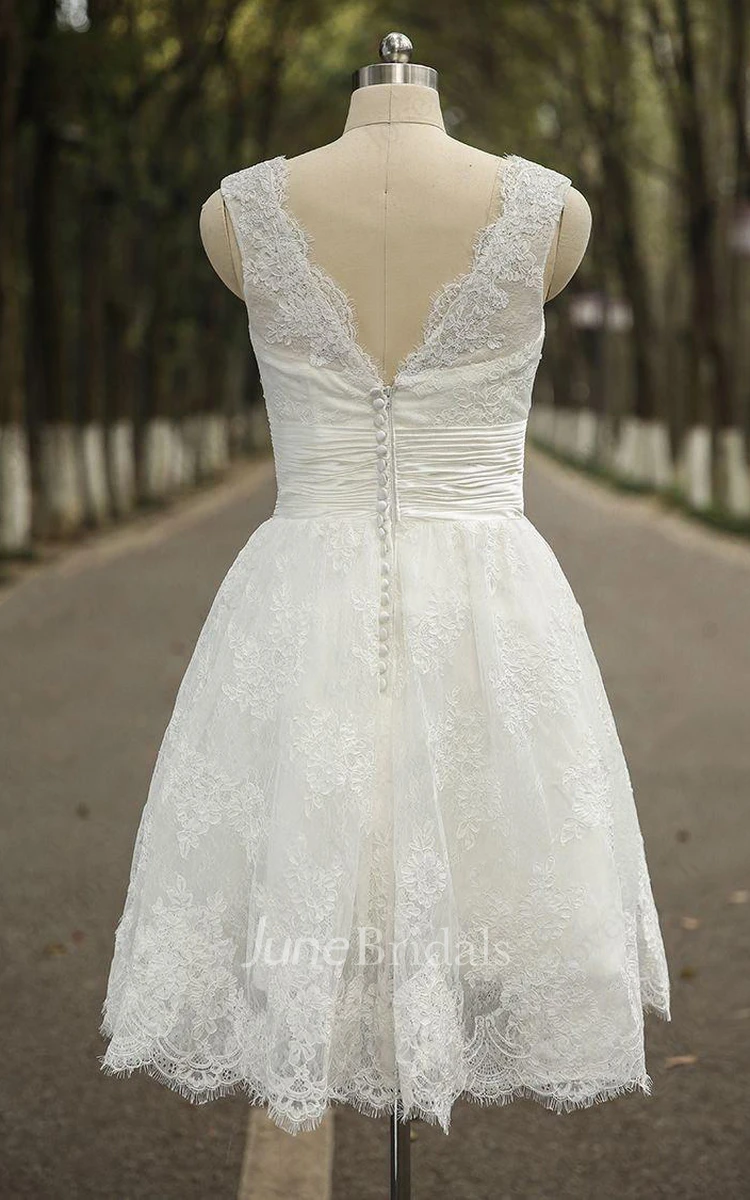 Jewel Neck Sleeveless Short A-line Lace Wedding Dress With Ruched Bodice