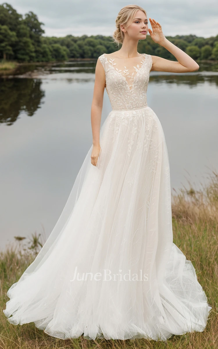 Elegant A-Line Boho Western Fall Autumn Wedding Dress Sleeveless Sweep Train Gown