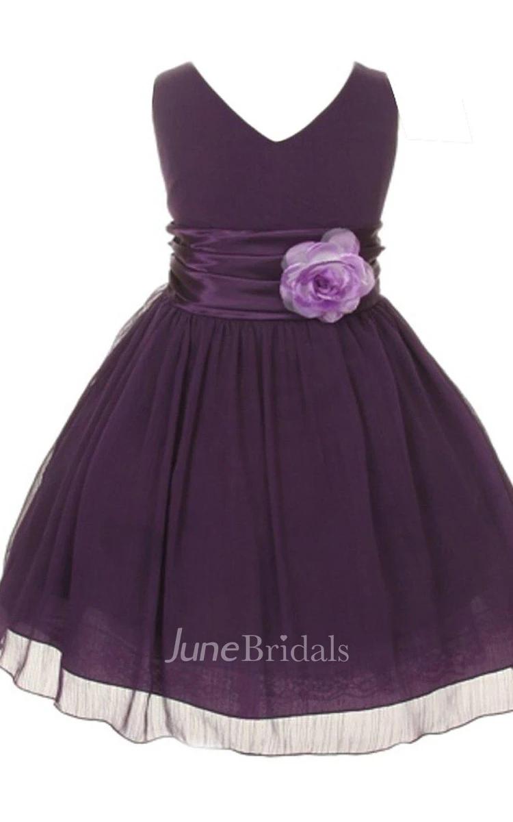Sleeveless V-neck A-line Dress With Flower and Pleats