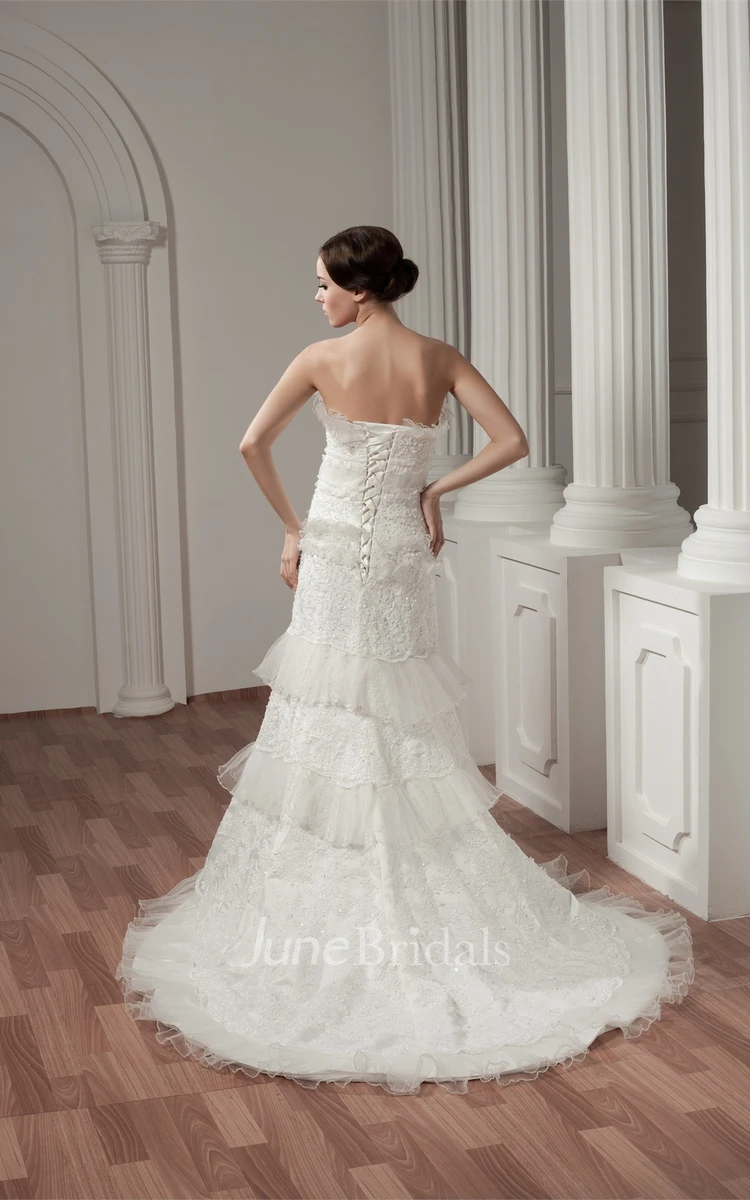 Strapless A-Line Ruffled Gown with Appliques and Peplum
